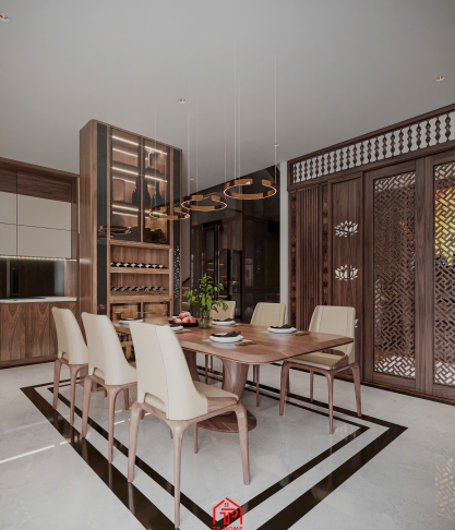 Thiết Kế biệt thự góc theo phong cách hiện đại luxury với gỗ óc chó